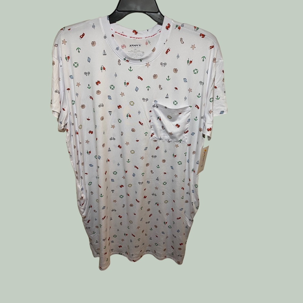 Joyspun Women Sleepshirt L/XL White Nautical Lobster Crab Shell Pocket Nightgown